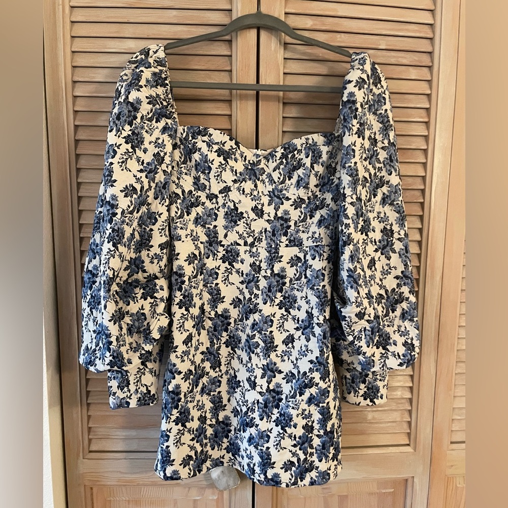 Blue Floral Puff Long Sleeve Dress Size Small